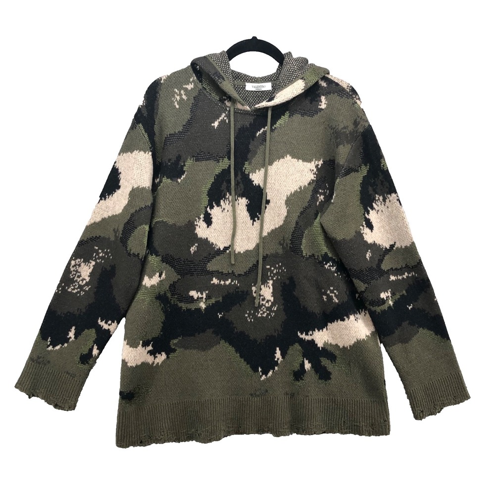Valentino Wool Pullover Hooded Sweater Jumper Mens Small Green Camo Streetwear